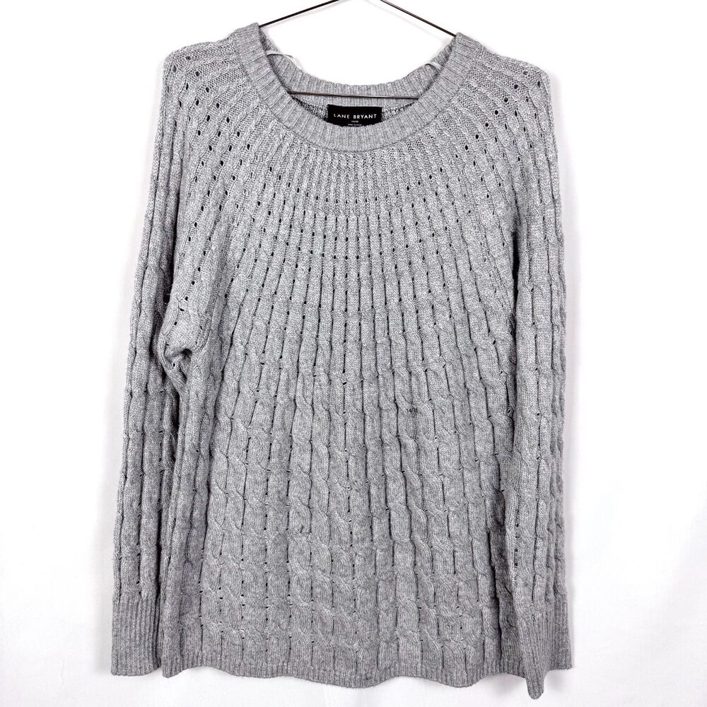New Lane Bryant Gray Cable Knit Pointelle Crewneck Sweater Women's Size 14/16